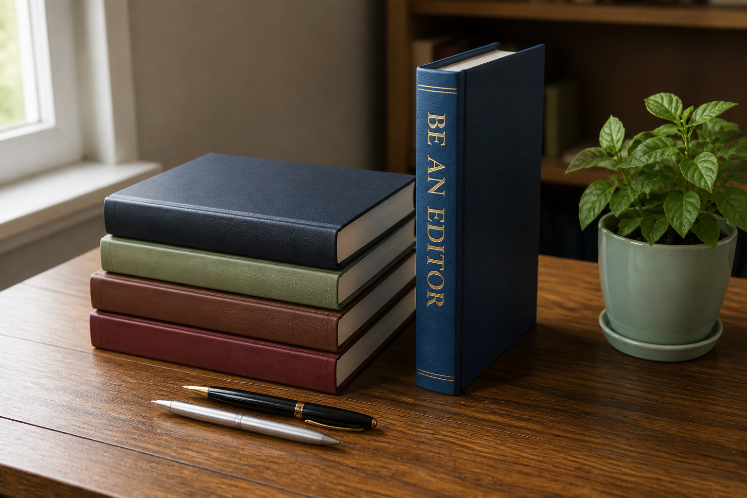 Academic desk with books prepared for editorial work